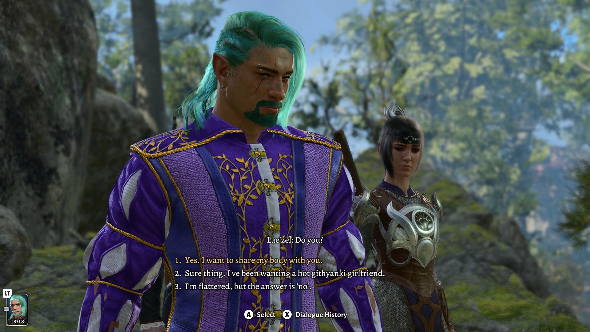 Dialogue options to start a relationship with Lae'zel in Baldur's Gate 3